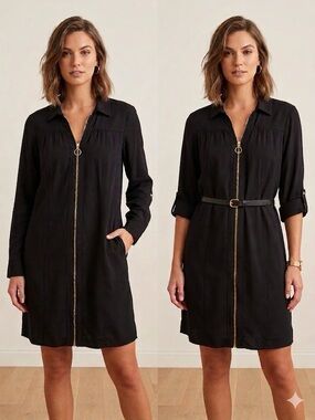GUESS Black Zip Front Shirt Dress Minimalist Capsule Wardrobe Chic Size L